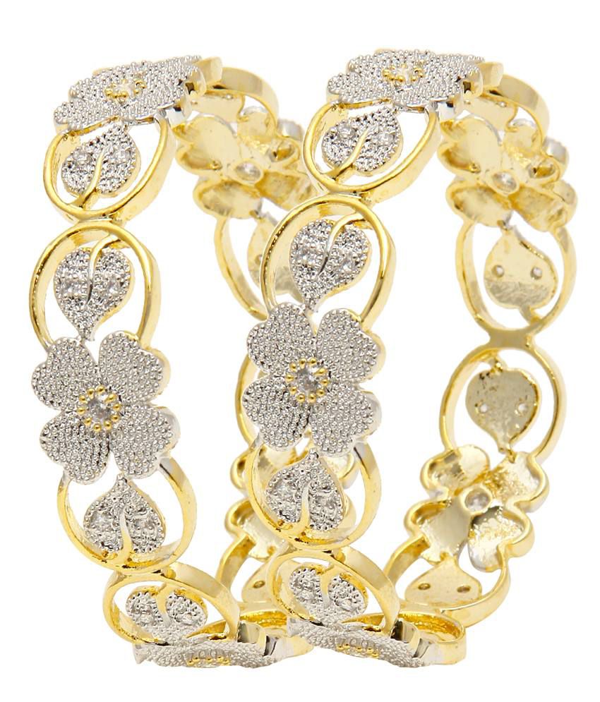 Gold-Polished Alloy Flower Design American Diamond Bangle Set - The Pari