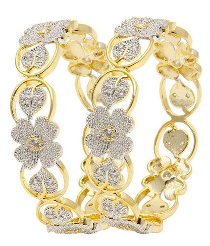 Gold-Polished Alloy Flower Design American Diamond Bangle Set - The Pari
