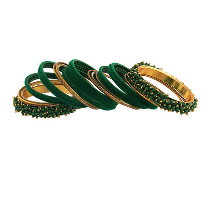 Gold-Polished Alloy Designer Green Velvet Bangle Set - The Pari