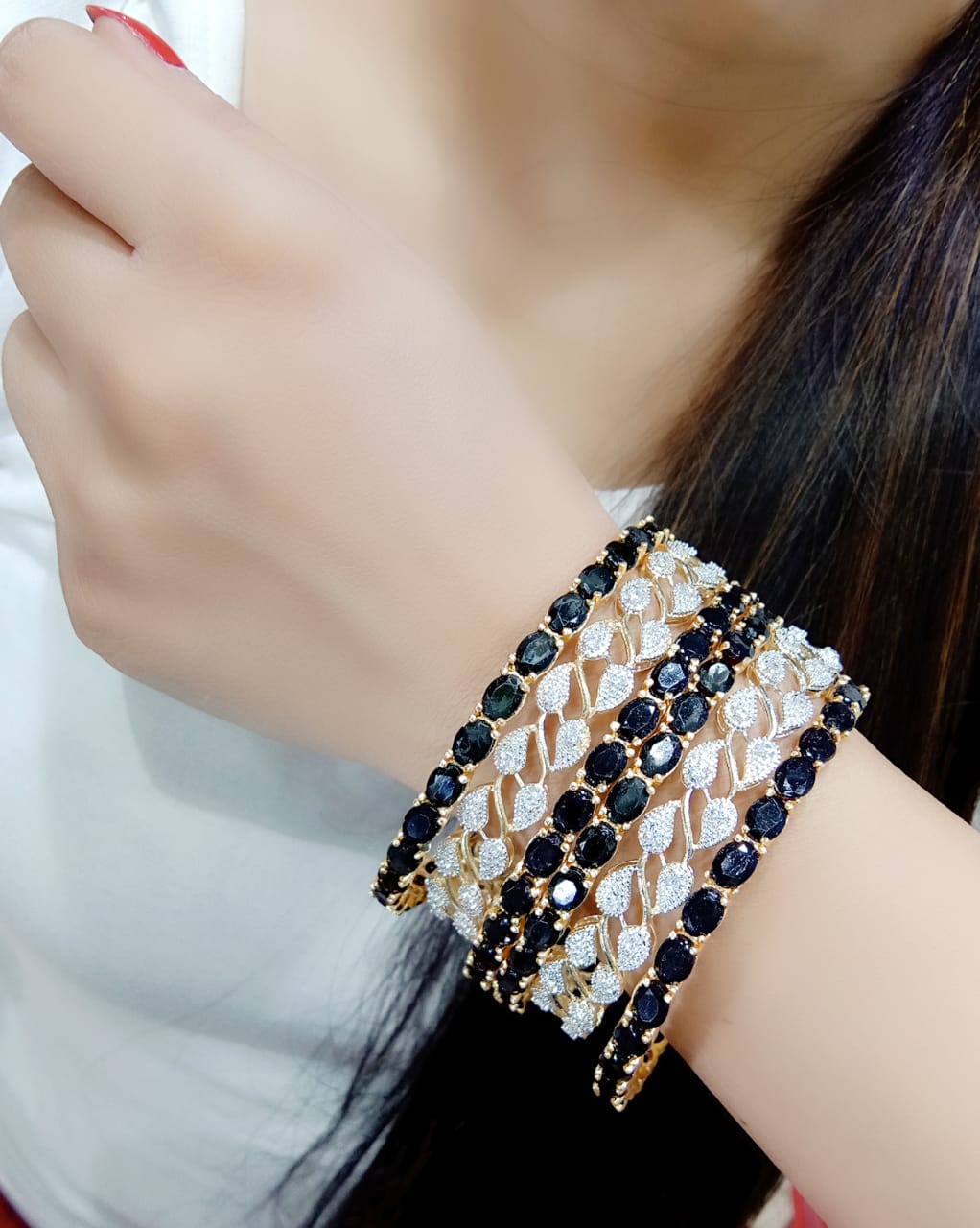 Gold-Polished Alloy American Diamond Combo Of Black & Silver Bangles - The Pari