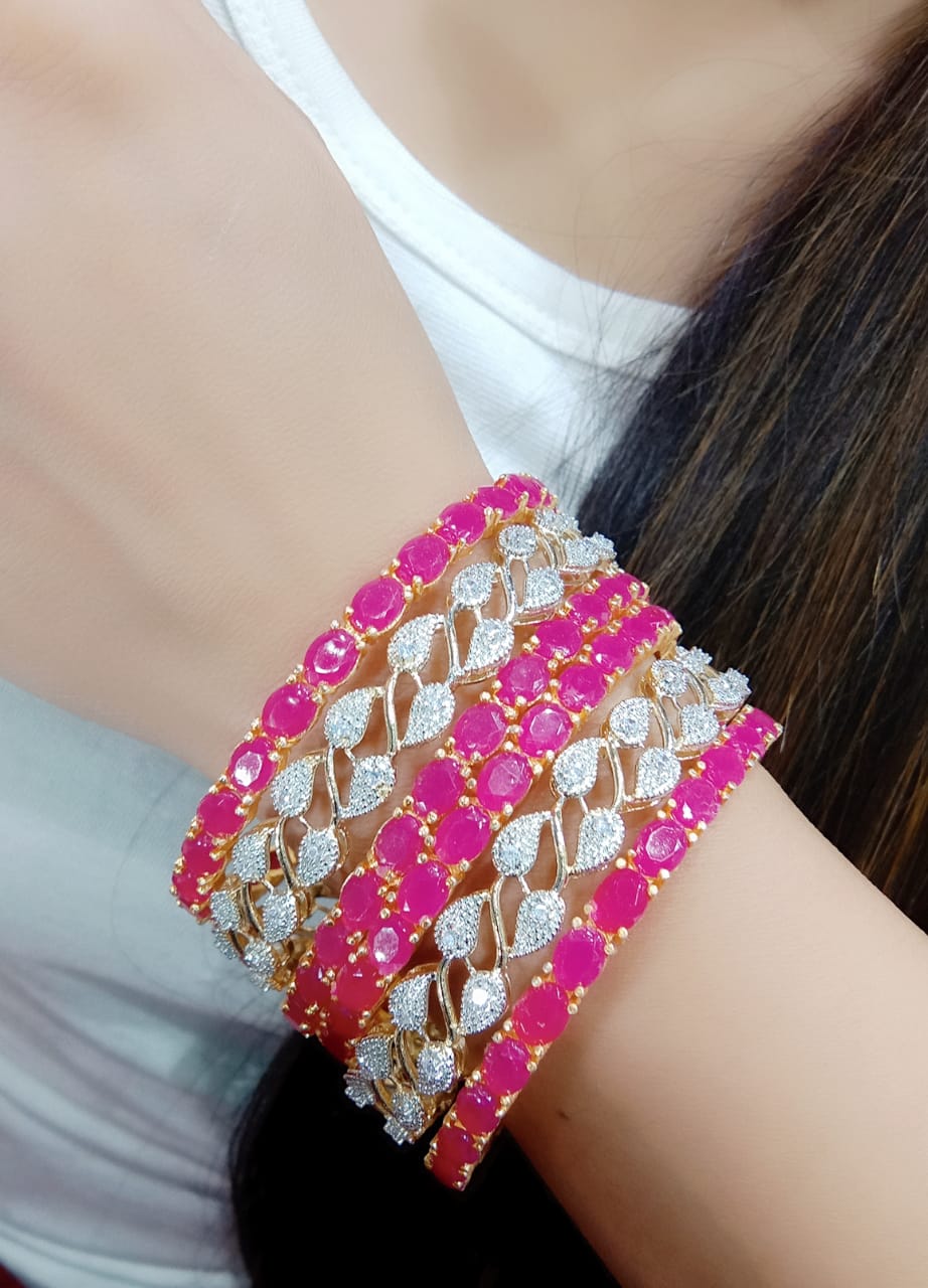 Gold-Polished Alloy American Diamond Combo Of Ruby & Silver Bangles - The Pari