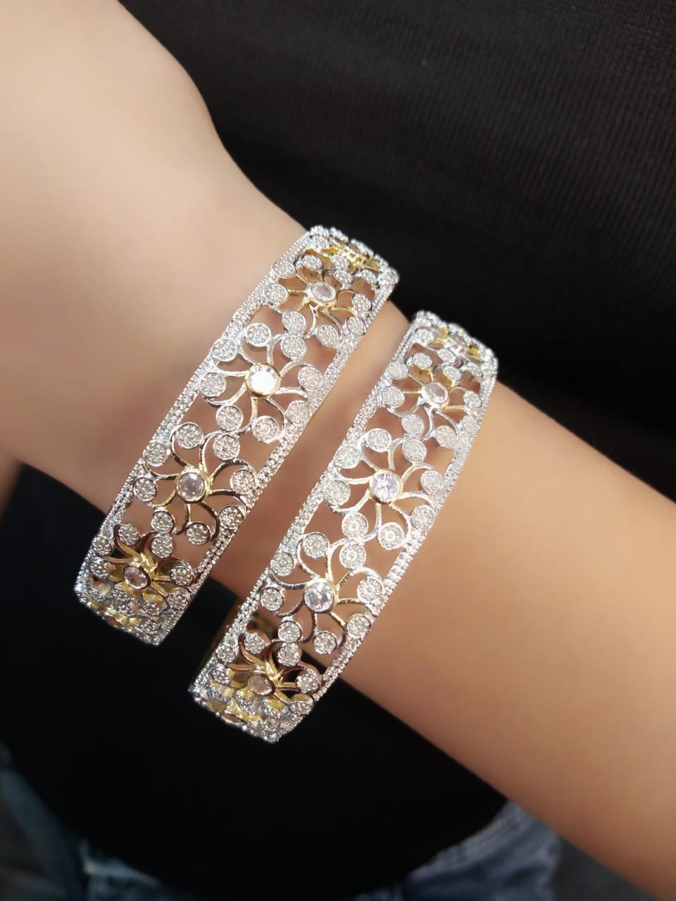 Gold-Polished Alloy Designer American Diamond Bangle Set - The Pari