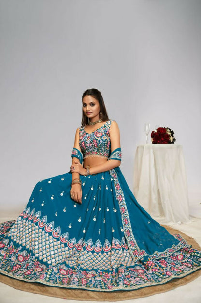 Teal Blue Georgette Thread Sequence Embroidery Work Lehnga Choli - Jihu Culture