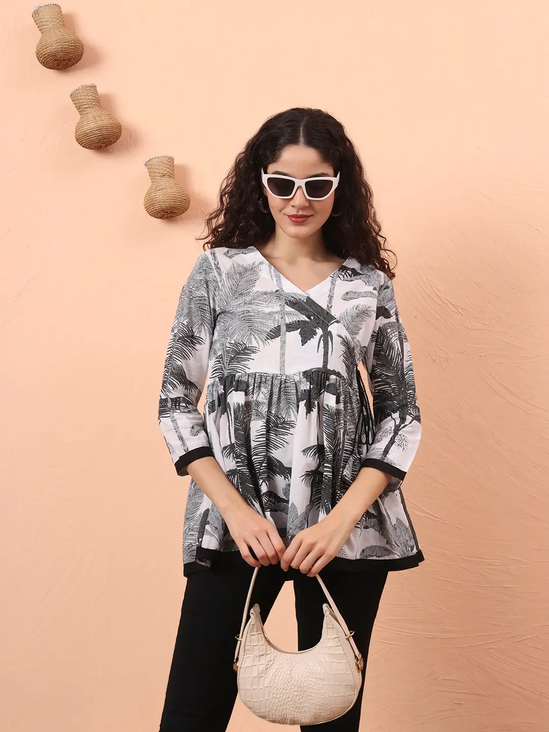 Yufta Black And White Cotton Gathered Or Pleated Angrakha Top