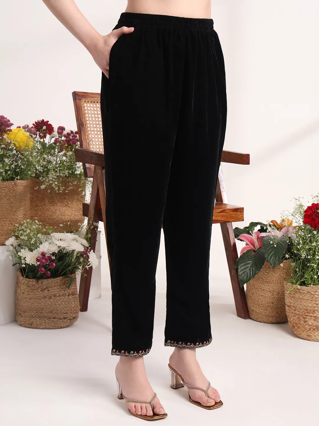 Yufta Black Straight Embroidery Kurta And Trouser With Dupatta Set