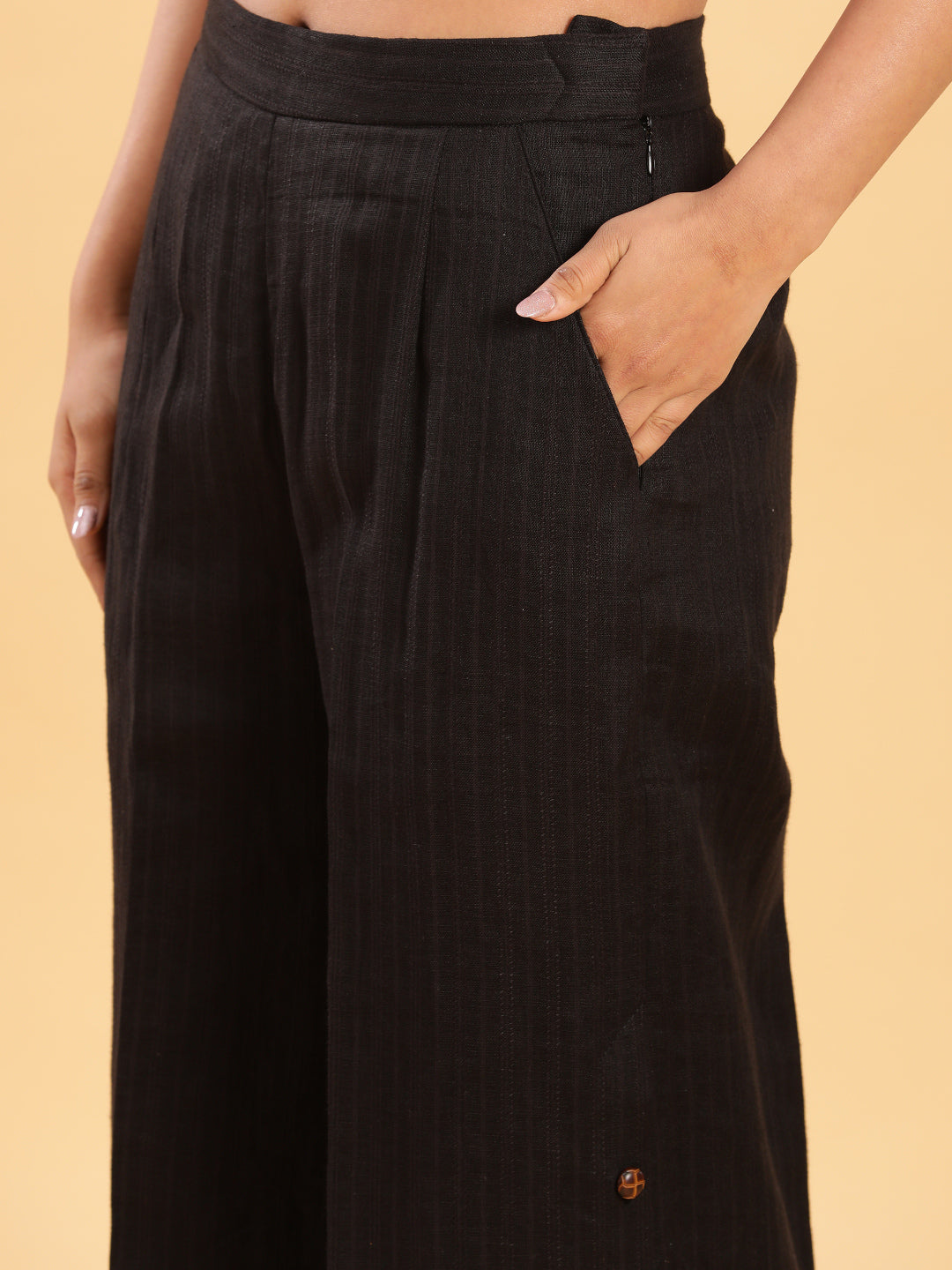 BohoJazz Black self stripe Top with Flared Pants with Side Slits Co-ord Set