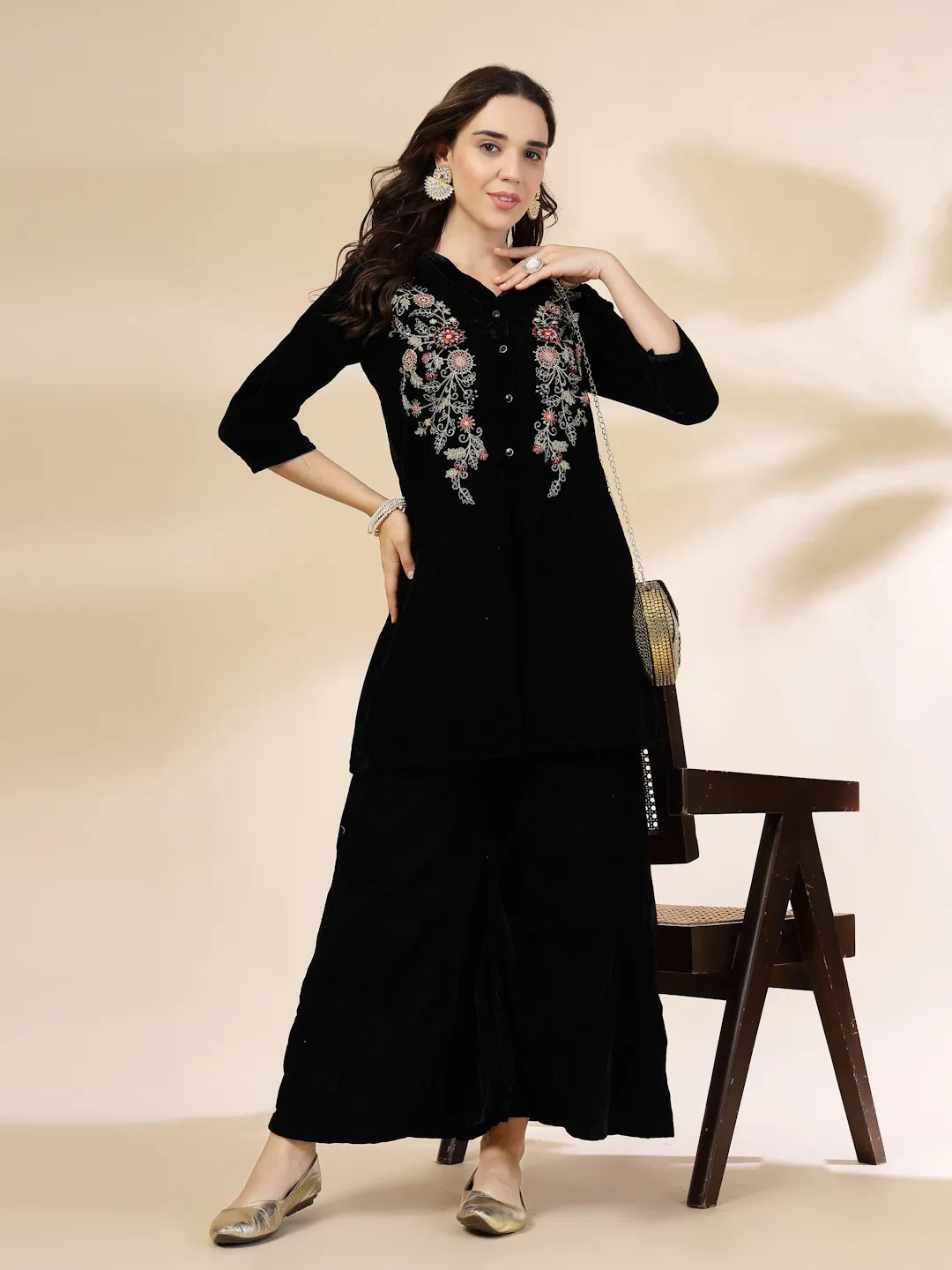 Yufta Black Velvet Zari Work CoOrd Set