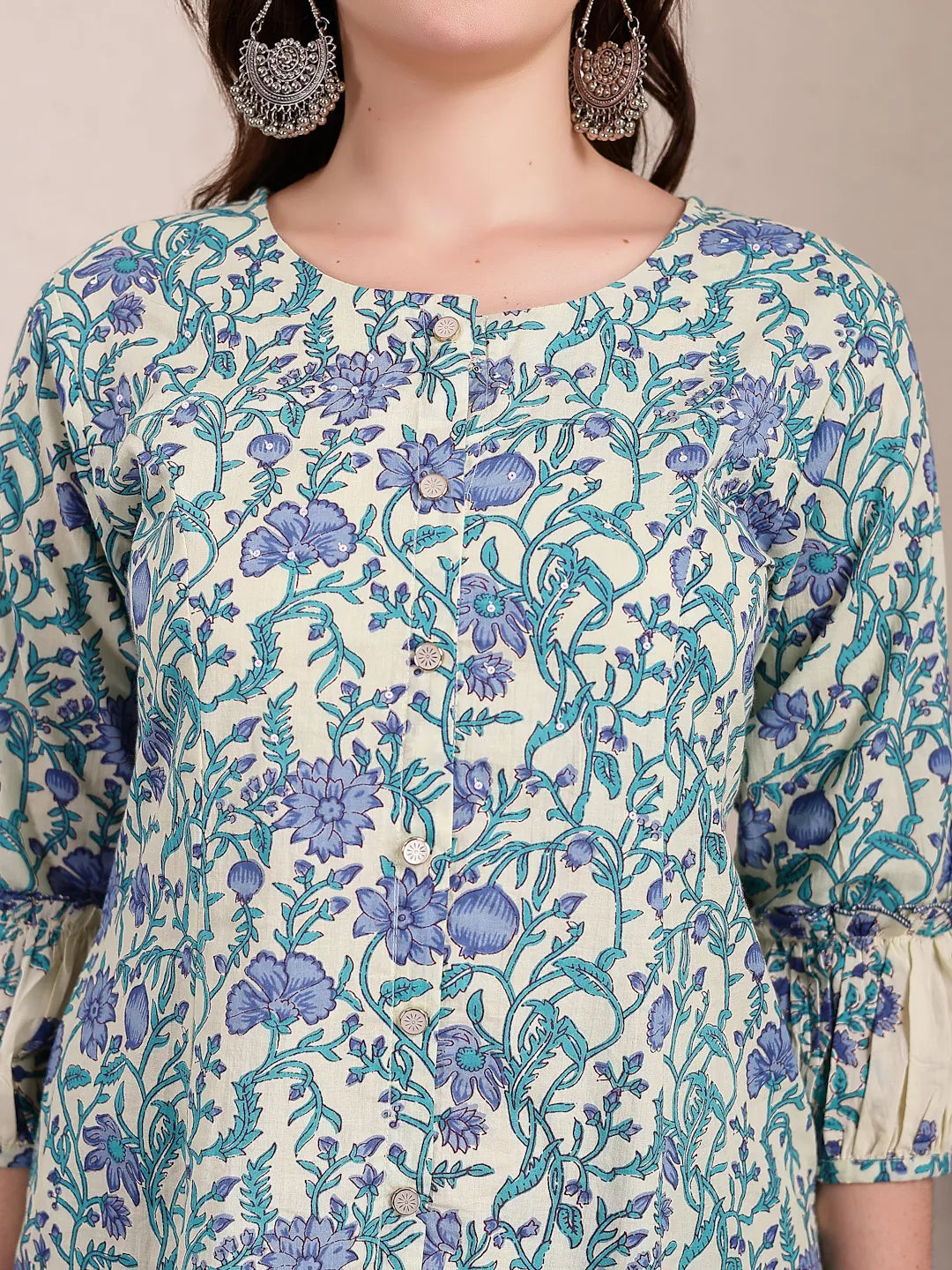 Yufta Blue And Beige Pure Cotton Floral Print Tiered Kurta Dupatta Set
