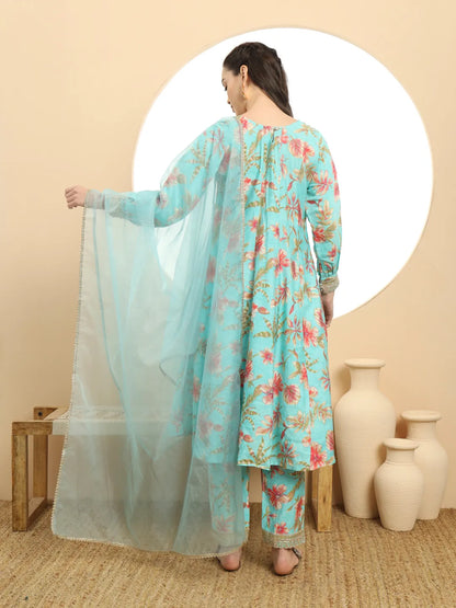 Yufta Blue Printed Silk Embroidered Kurta Dupatta Set