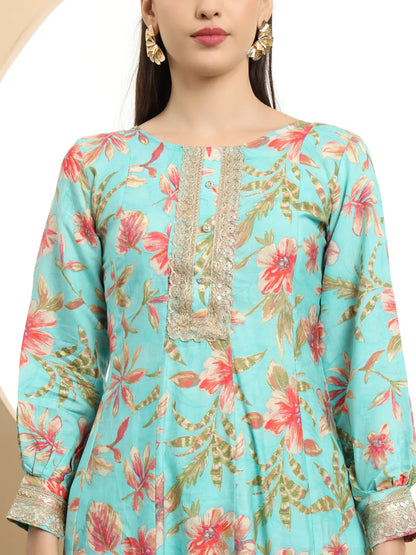 Yufta Blue Printed Silk Embroidered Kurta Dupatta Set