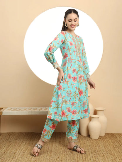 Yufta Blue Printed Silk Embroidered Kurta Dupatta Set