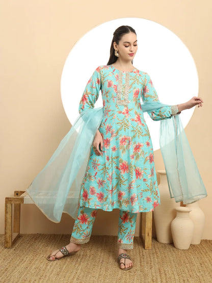 Yufta Blue Printed Silk Embroidered Kurta Dupatta Set