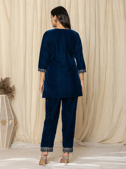Yufta Blue Velvet Embroidered Co-Ord Set