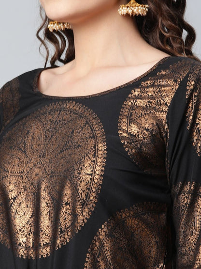 Ahalyaa Black Crepe Copper Foil Printed Jumpsuit