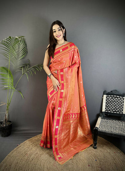 Joban Fashion Peach Banarasi Soft Silk Woven Saree