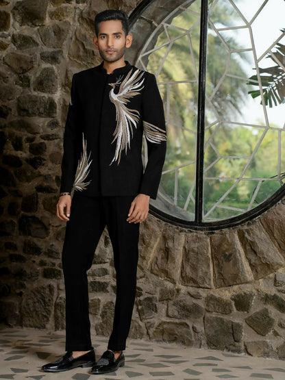 Black Bandhgala Elegance – Peacock Embroidery by Hilo Design