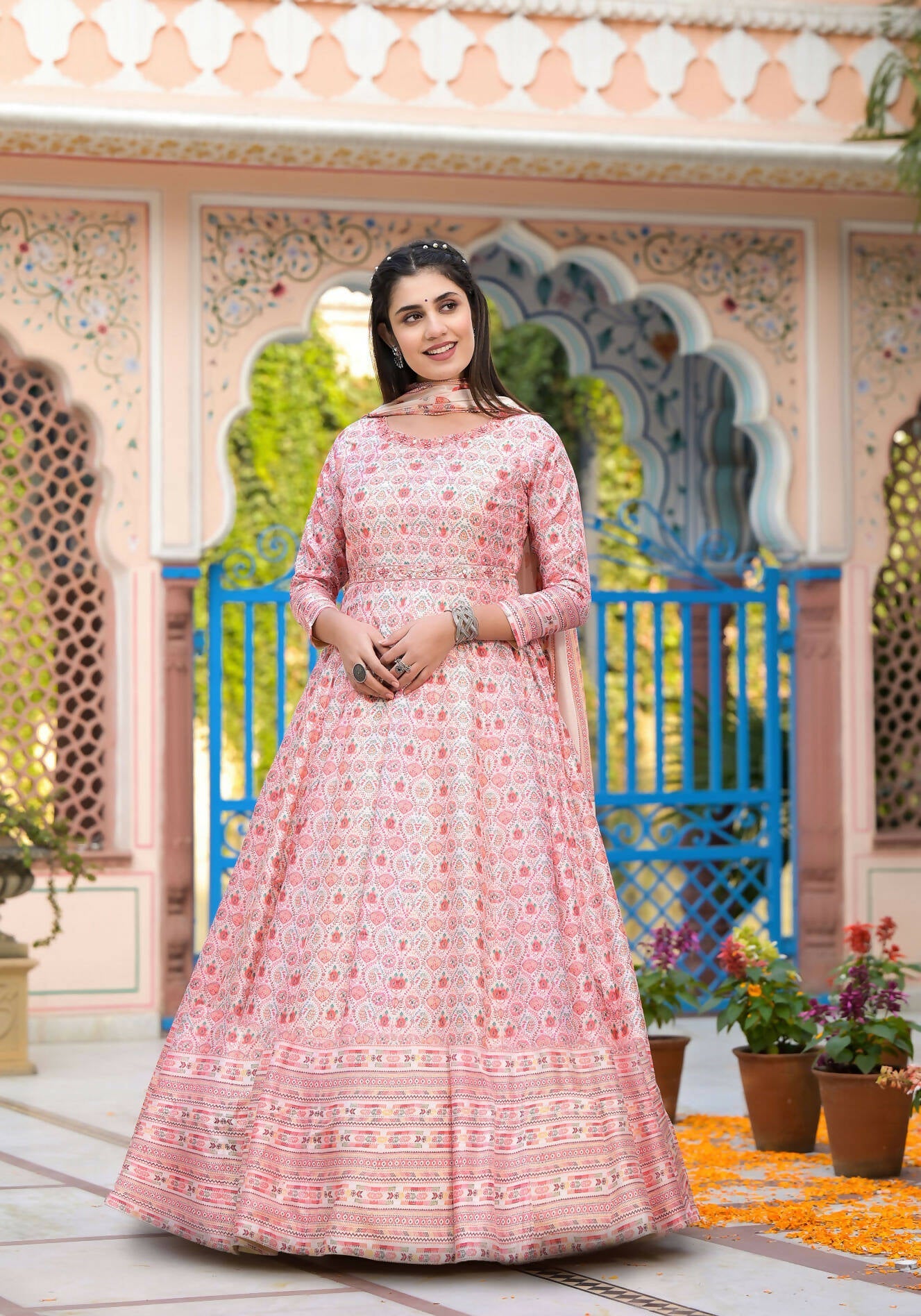 Functional Designer Off White-Light Pink Dola Silk Anarkali suit with Dupatta - Ramya