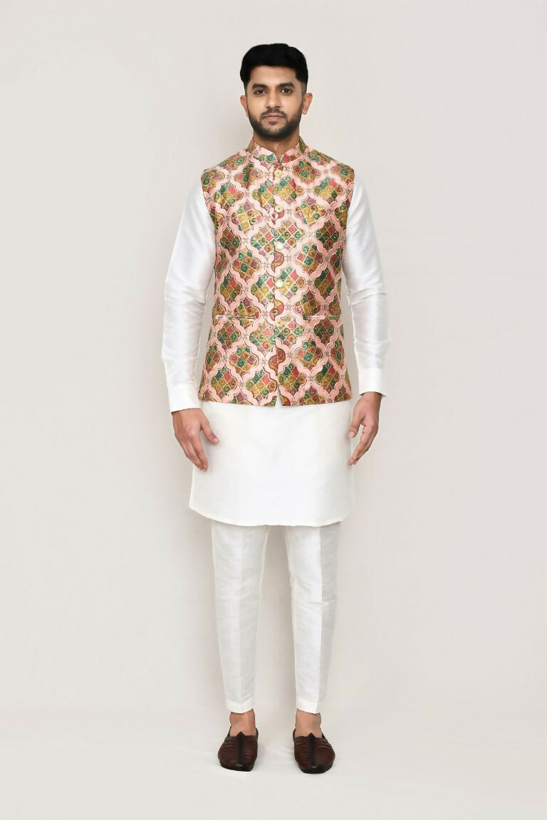 Joban Fashion White Colored Art Silk Fabric Kurta, Jacket With Straight Fit Pant