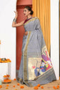 Very Much Indian Handloom Grey Cotton Paithani With Radha Krishna Pallu