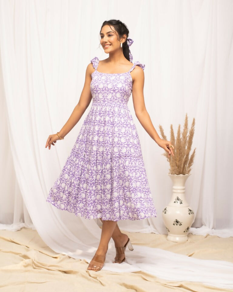 FIORRA Women's Lavender Cotton Floral Printed Dress