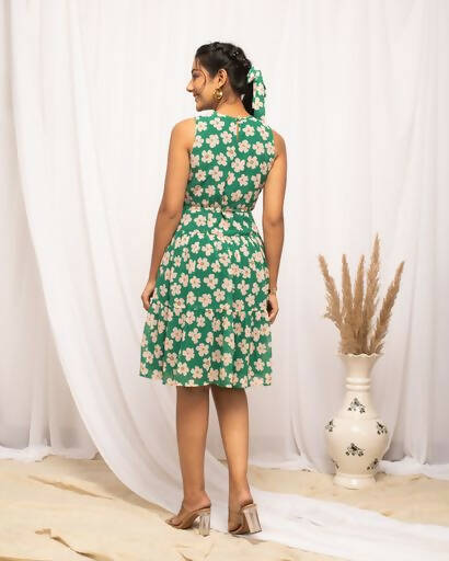 FIORRA Women's Green Georgette Floral Printed Western Dress