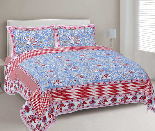 Rudra Bazaar Red Blue 210 TC Cotton Double King Bedsheet With 2 Pillow Covers