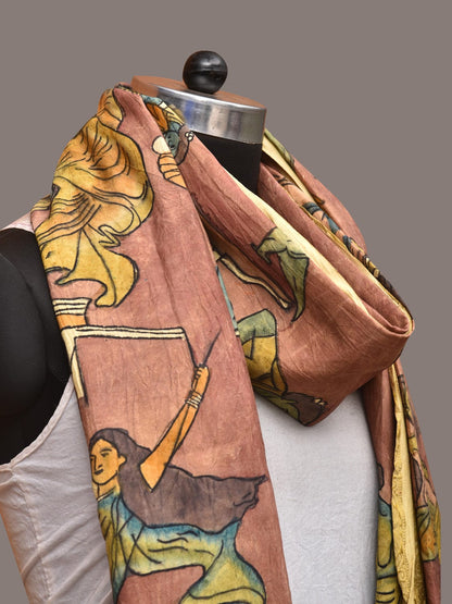 Burgundy Kalamkari Hand Painted Kanchipuram Silk Handloom Dupatta with Painting Design - Global Threads