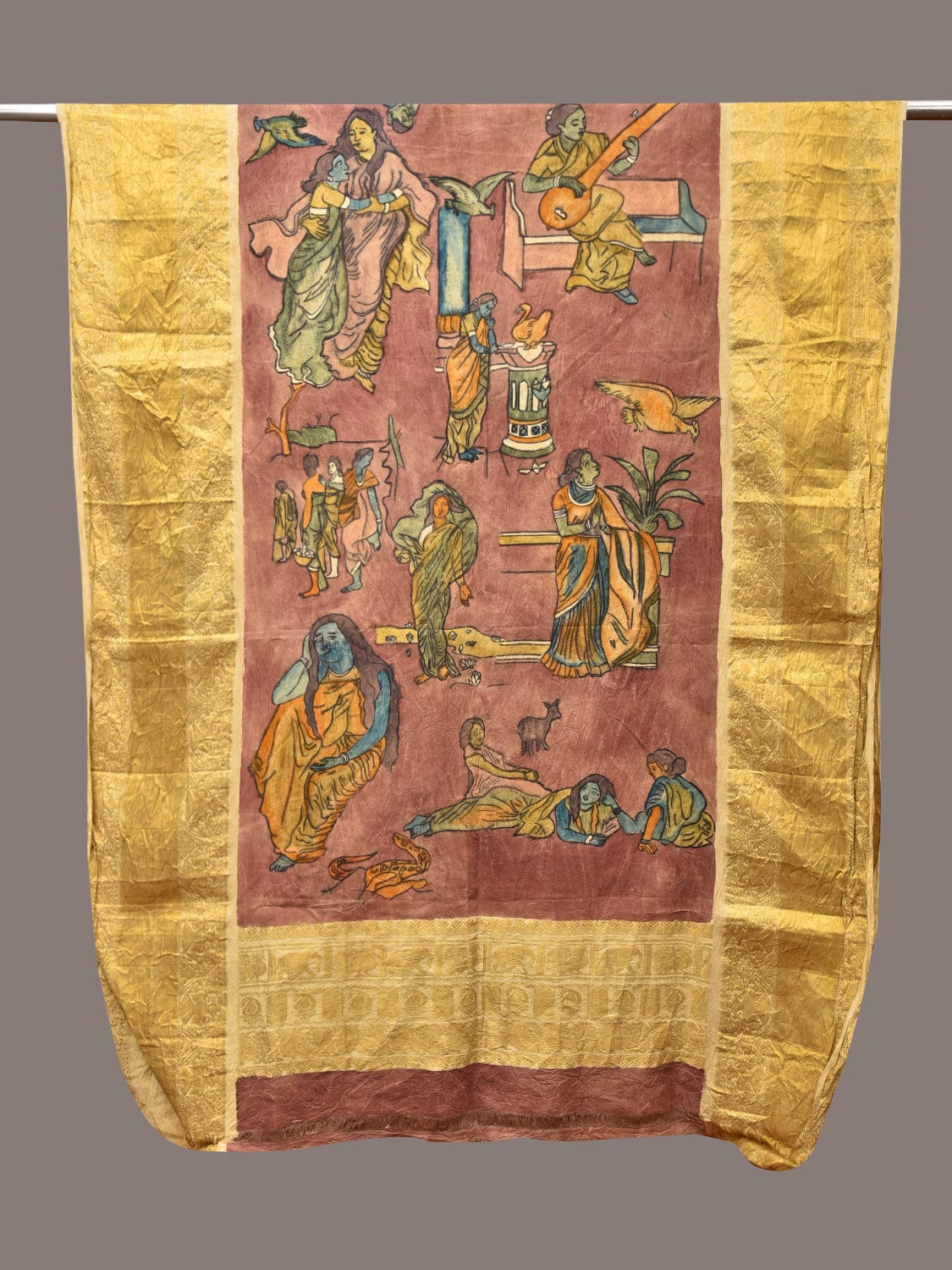 Burgundy Kalamkari Hand Painted Kanchipuram Silk Handloom Dupatta with Painting Design - Global Threads