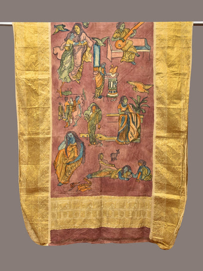 Burgundy Kalamkari Hand Painted Kanchipuram Silk Handloom Dupatta with Painting Design - Global Threads