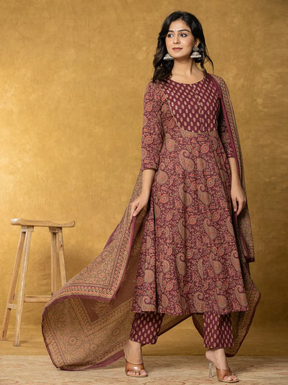 Yufta Burgundy Sequins_Work Cotton Anarkali Kurta Dupatta Set