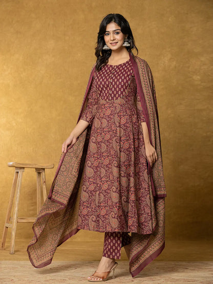 Yufta Burgundy Sequins_Work Cotton Anarkali Kurta Dupatta Set