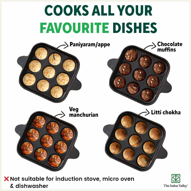 The Indus Valley 9 Pit/Cup CASTrong Cast Iron Paniyaram/Appe Pan+ Spatula, Pre-seasoned, Natural Nonstick, 100% Pure, Toxin-free, 18.2 cm, 1.34 kg