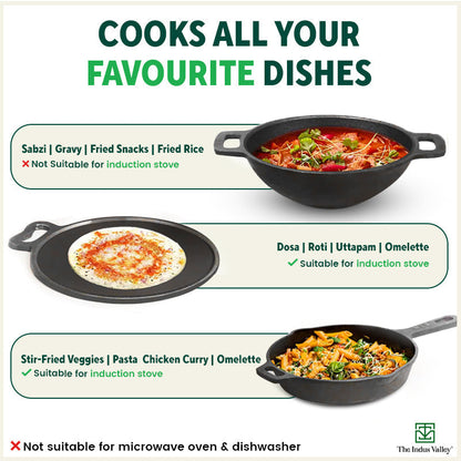 The Indus Valley Super Smooth Cast Iron Set: Frypan+ Kadai+ Tawa, Kitchen set for Home, Nonstick, 100% Pure,Toxin-free, Tadka Pan