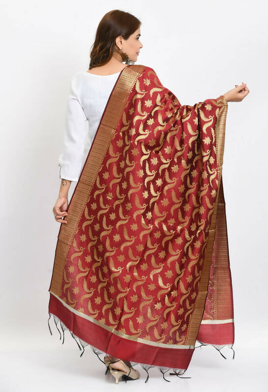 Mominos Fashion Moeza Women's Banarsi Silk Floral Woven Design Maroon Dupatta
