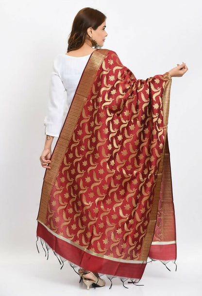 Mominos Fashion Moeza Women's Banarsi Silk Floral Woven Design Maroon Dupatta