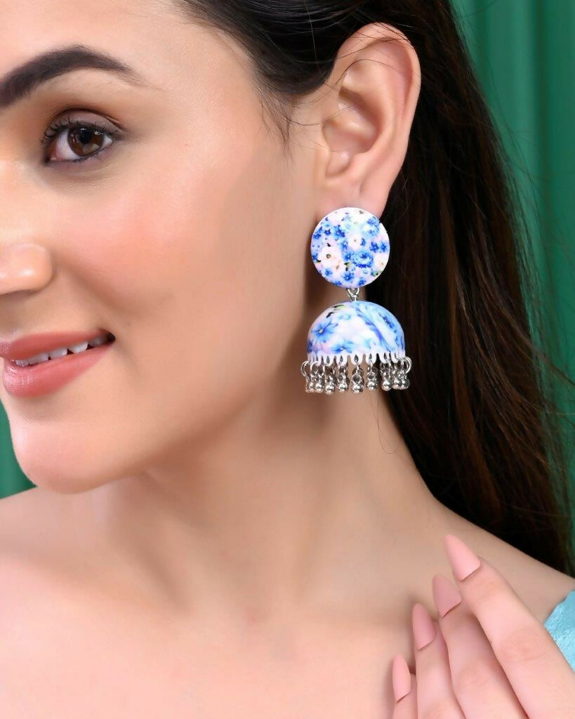VOJ Set Of 2 Earrings- Blue Printed Jhumka With Black AD Studded Drop Earrings