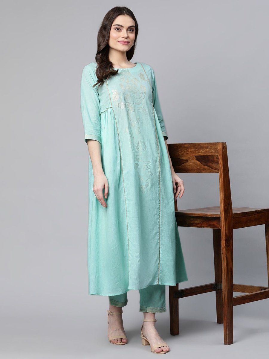 Ahalyaa Women Sea Green Colour Pure Cotton Gold Foil Print Kurta Pant Set