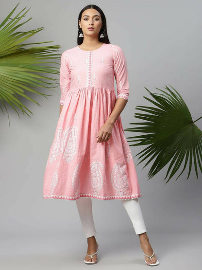 Ahalyaa Womens Pink Pure Cotton Printed Kurtas