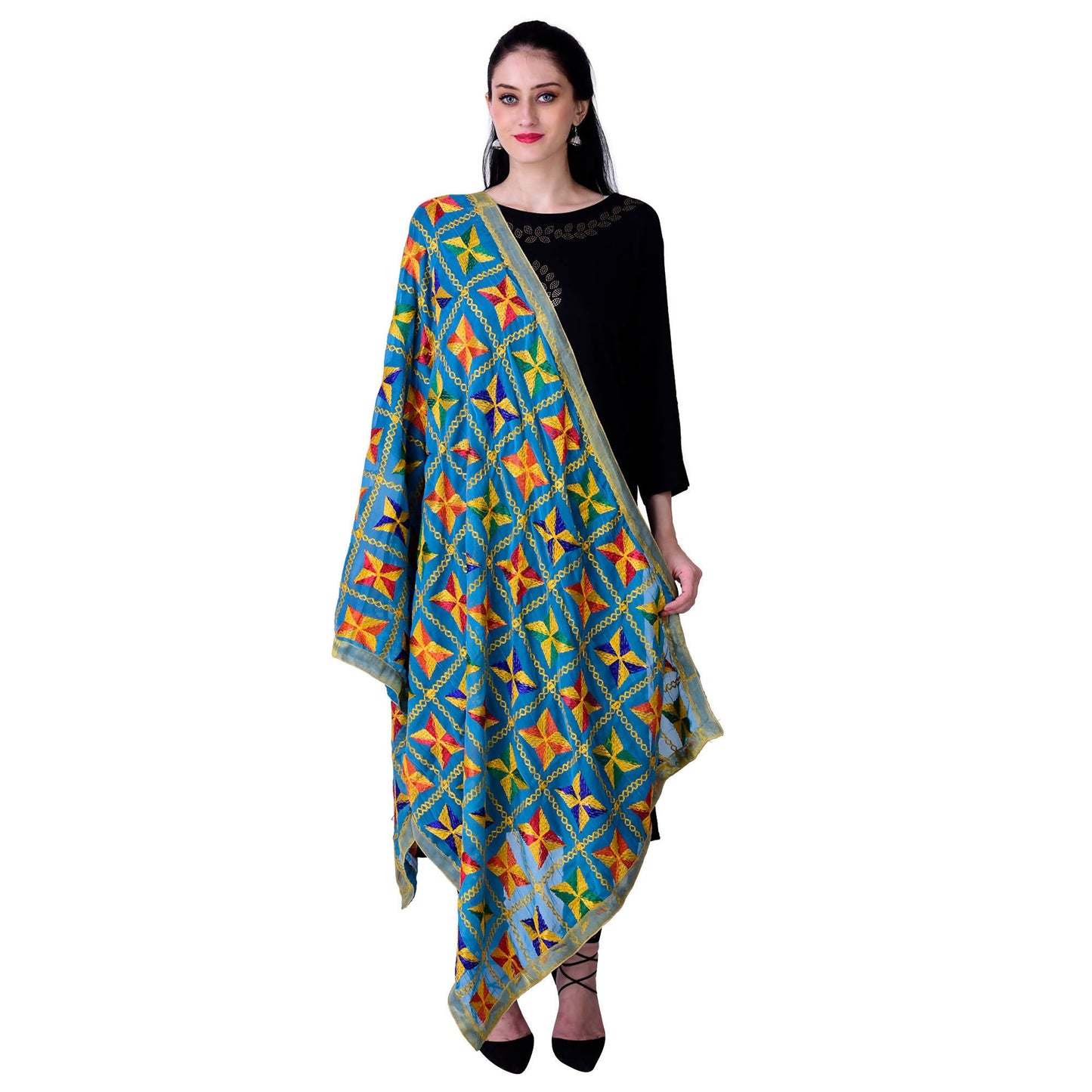 SWI Stylish Women's Embroidered Phulkari Chiffon Turquoise Dupatta