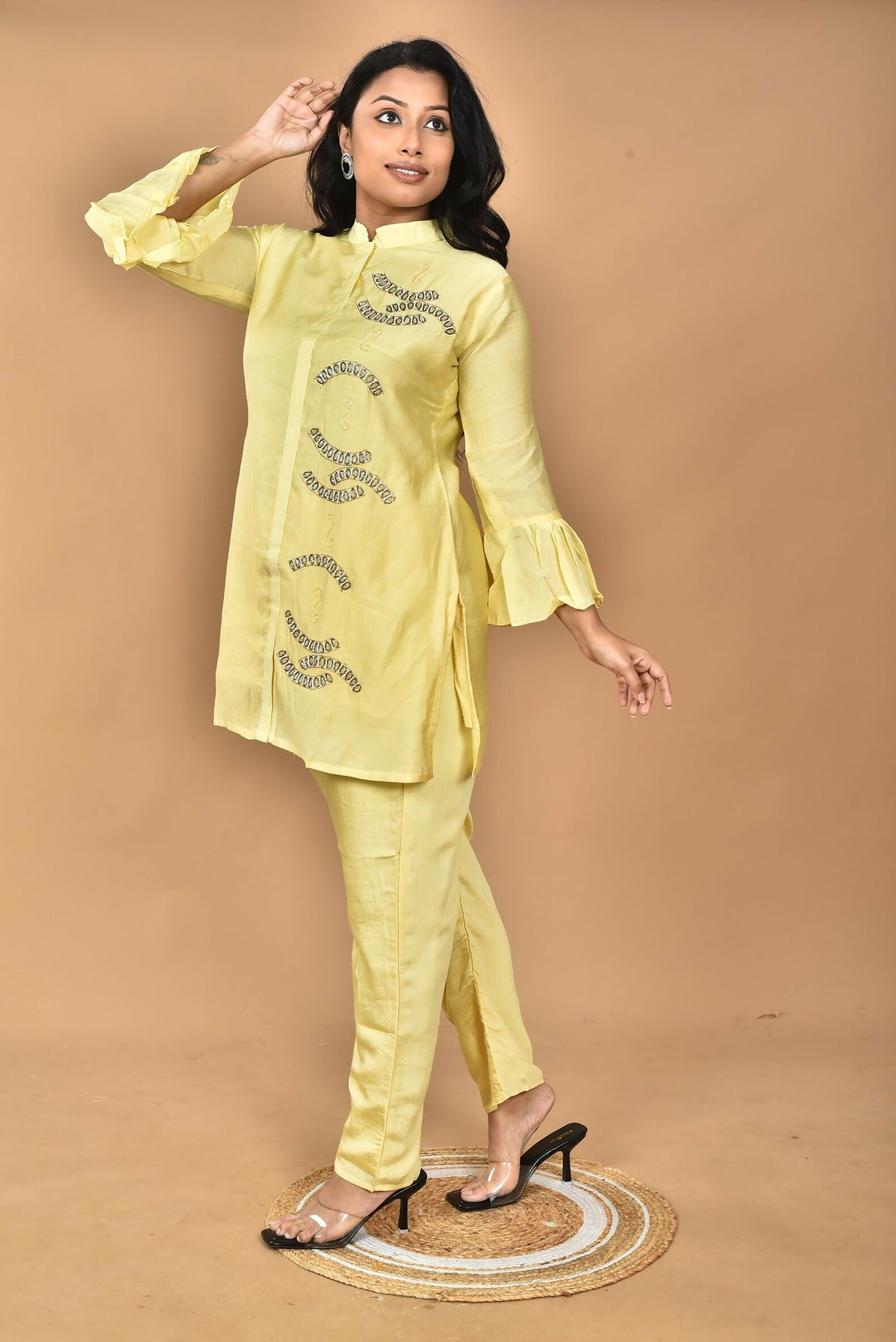 Morchari Women Hand Embroidery Co-Ords-Yellow