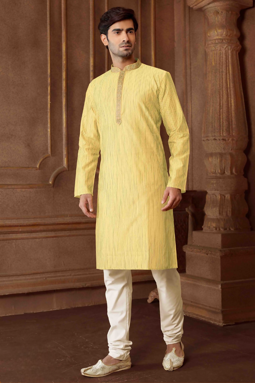 Joban Fashion Light Yellow art Silk Blend Strips kurta Pyjama