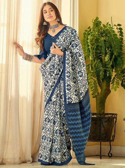 Saree Mall Off White & Blue Ethnic Motifs Dabu Saree