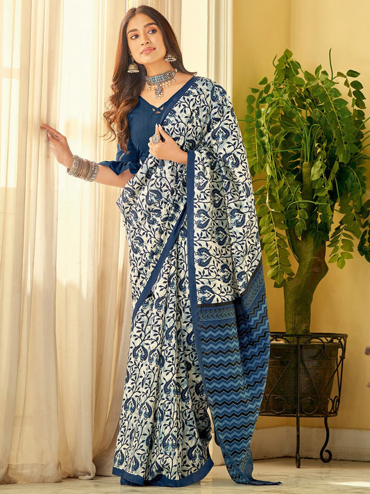 Saree Mall Off White & Blue Ethnic Motifs Dabu Saree