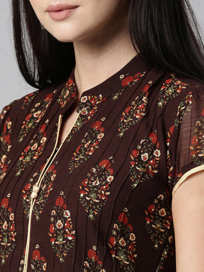 Souchii Women Brown & Red Floral Printed Block Print Kurta