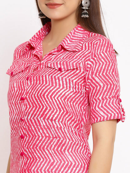 HERE&NOW Pink Shirt Collar Chevron Printed Roll Up Sleeves A-Line Kurta