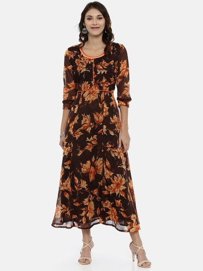 Souchii Brown & Orange Floral Printed Chiffon Maxi Dress