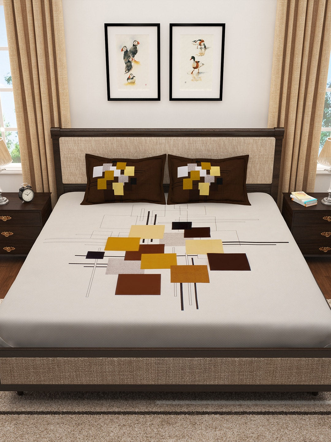 Story@home Cream-Coloured & Brown Abstract 300 TC Cotton 1 King Bedsheet with 2 Pillow Covers