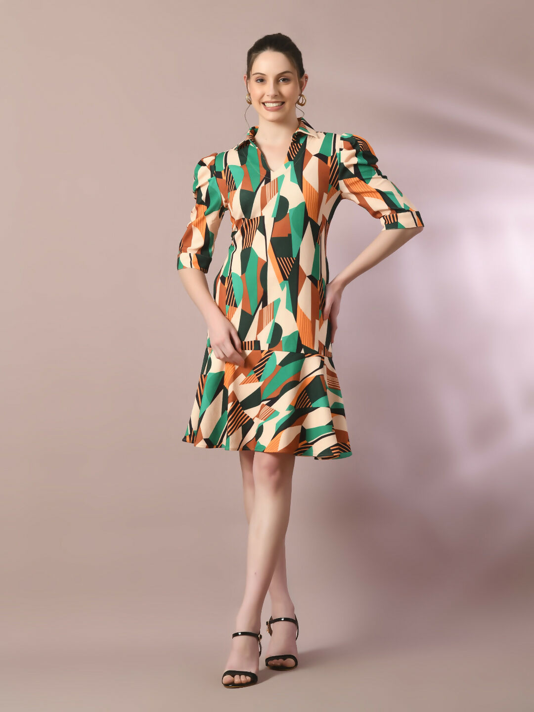 Myshka Women's Multi Printed Shirt Collar Fit and Flare Party Dress