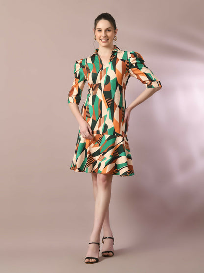 Myshka Women's Multi Printed Shirt Collar Fit and Flare Party Dress