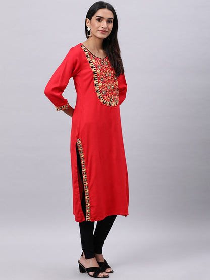 Souchii Red Yoke Design Mirror Work Grandeur & Majestic Artwork Kurta
